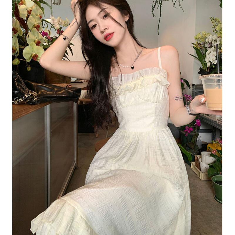 Summer 2025 Women's Ruffle Strap Sundress - Sweet French Waist-Slimming Long Dress