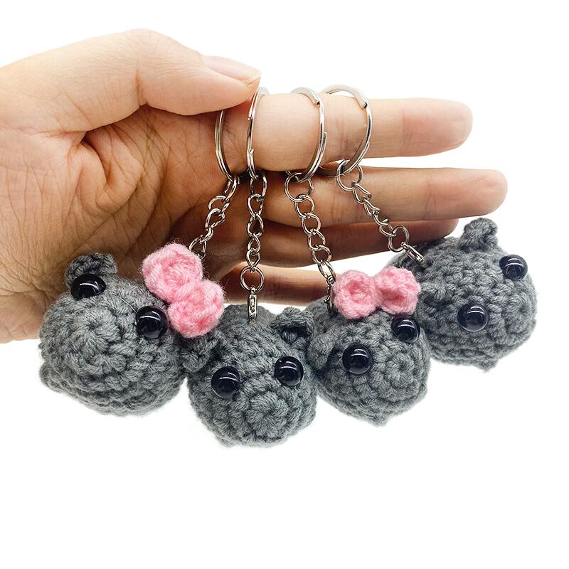 Sad Hamster Plush Keyring Cute Crochet Hamster With Bow Knitting Doll Keychain For Girls Bag Pendant Accessories