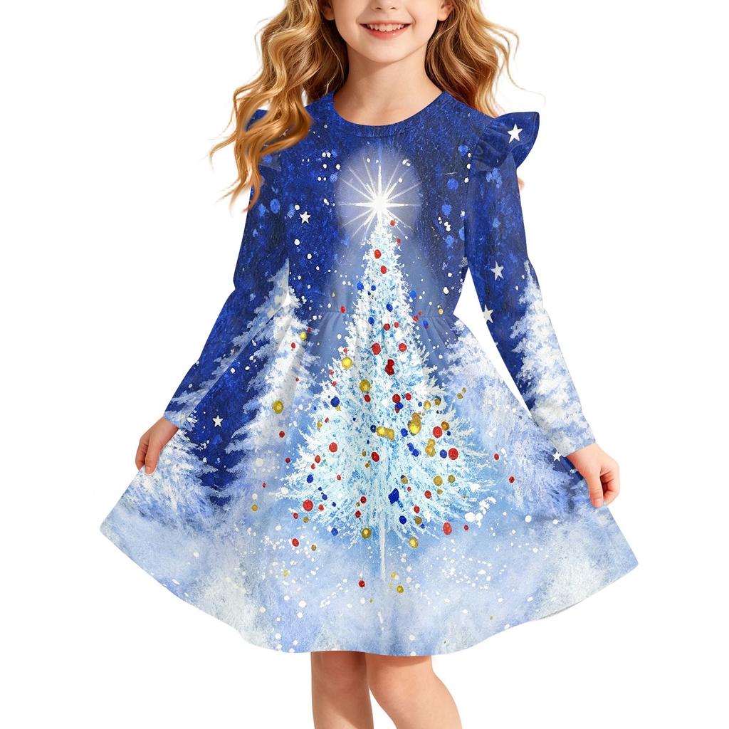Girls Christmas Print Dress with Sleeves Long Sleeve Holiday Party Dress