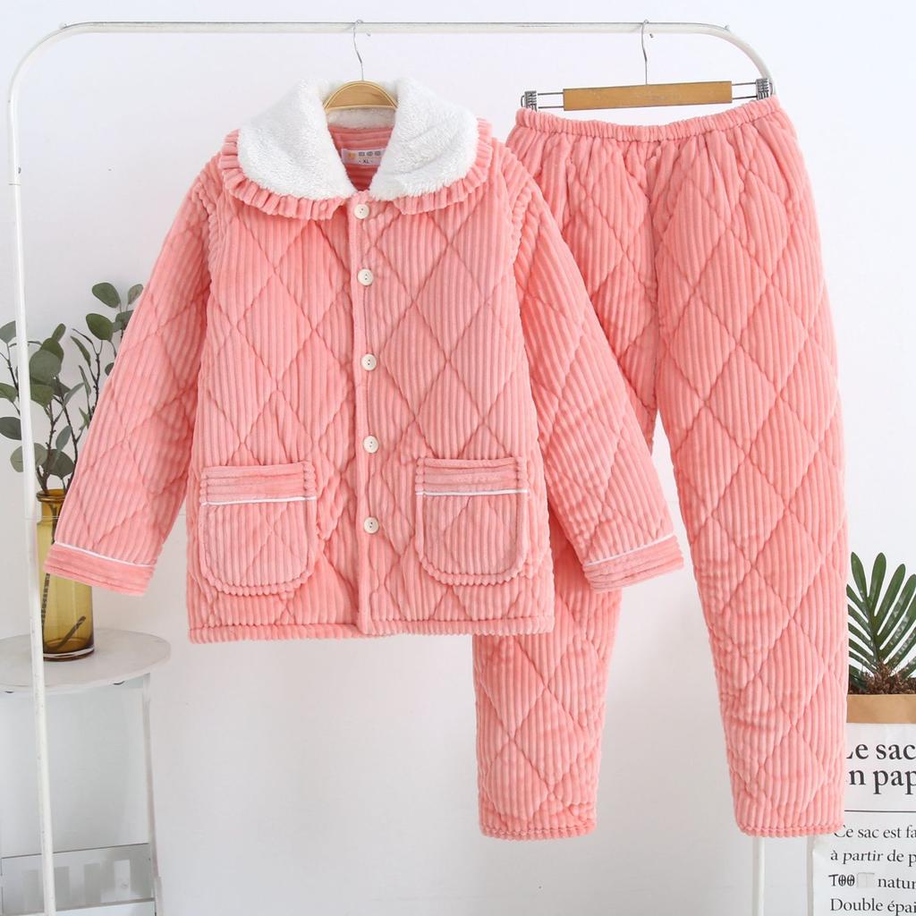 Coral Velvet Three-layer Quilted Jacket Pajamas Women's Autumn and Winter Thickened with Velvet Warm Winter Flannel Home Wear