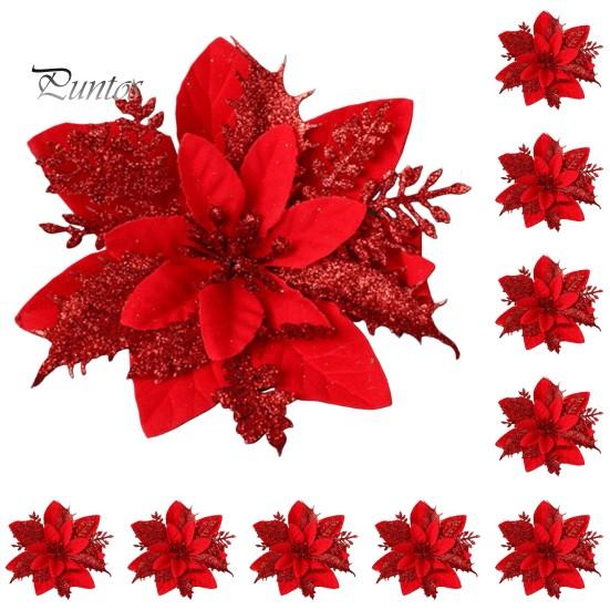 

10 шт./компл., рождественские искусственные цветы, блестящие листья, красный, золотой, серебряный цвет, 3 слоя, Рождественская елка, венок, украшение, искусственный цветок, реквизит для фото красный