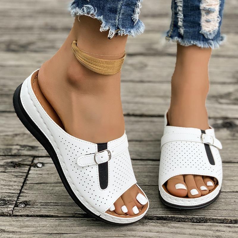 Large size thick-soled hollowed-out one-word slippers women's open-toed sewing line slope heel beach cool slippers wis