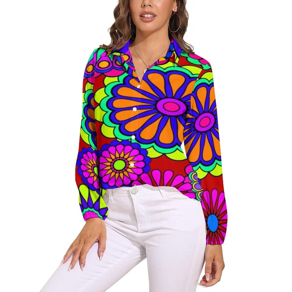 Helle Flower Power Bluse Retro Hippie Blumen Trendige Bedruckte Blusen Damen Langarm Freizeithemden Frühling Übergroße Kleidung