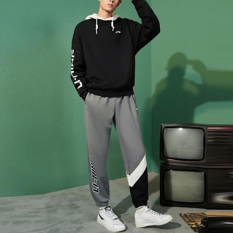 Li Ning Sports Lifestyle Series Fleece Warm Logo Print Color Block Loose Fit Sweatpants Men Bottoms Gray AKLRC05-7