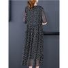 Vintage Damen Schwarzes Blumenkleid Koreanische Mode Sommer Neu Große Größe Halbarm V-Ausschnitt Pullover Lässiges Damen Gaze Langes Gewand