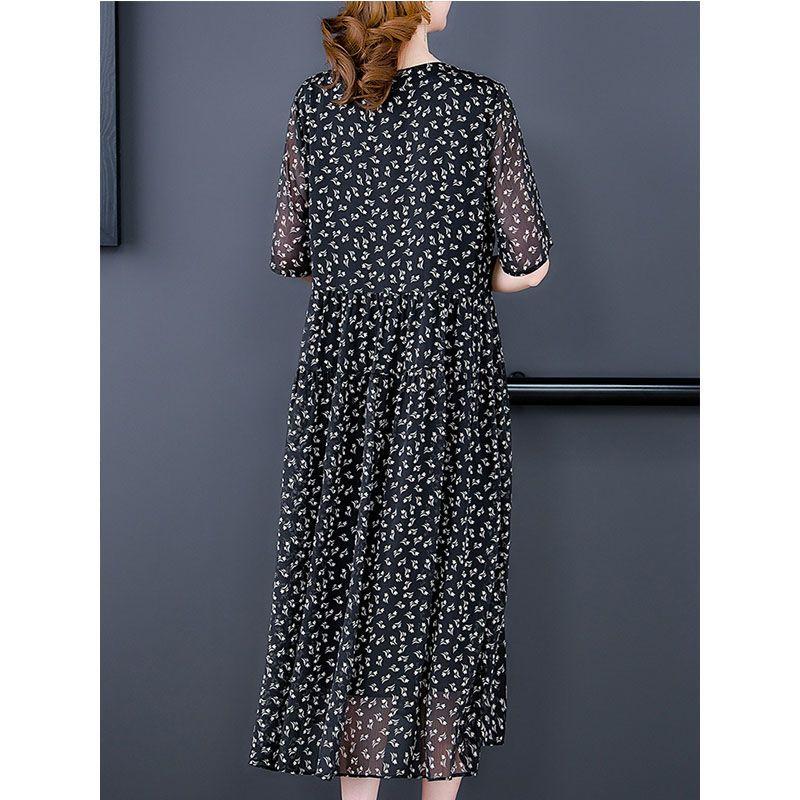 Vintage Damen Schwarzes Blumenkleid Koreanische Mode Sommer Neu Große Größe Halbarm V-Ausschnitt Pullover Lässiges Damen Gaze Langes Gewand