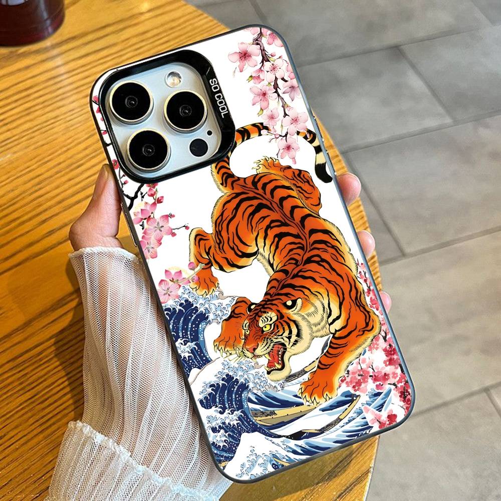 Ukiyo-e Style Tiger Tortoise Print Phone Case For iPhone 16 17 15 14 12 13 Pro Max Black Candy Matte Shockproof Cover