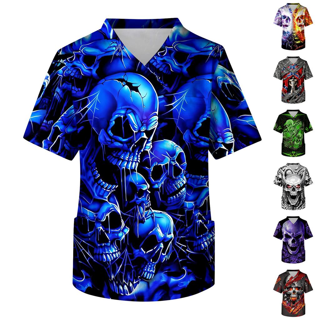 Men's V-Neck Short Sleeve Scrub Top with Print and Chest Pocket for Halloween