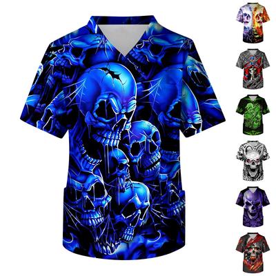 Haut d'uniforme médical à col en V et manches courtes pour homme avec imprimé et poche poitrine pour Halloween