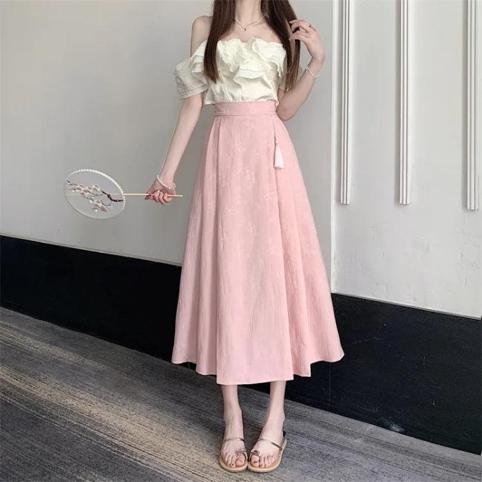 Elegant Jacquard Pleated Skirt for Petite Women - Elastic Waist, Slimming Design, Trendy Chinese Style