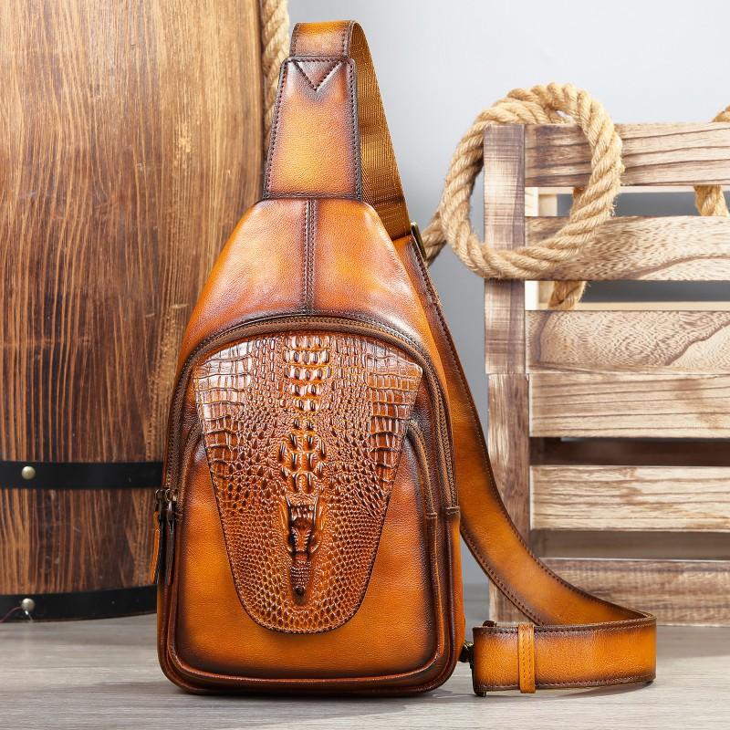 Top Layer Cowhide High-end Crocodile Pattern Chest Bag Retro Fashion Men s Casual Single Shoulder Leather