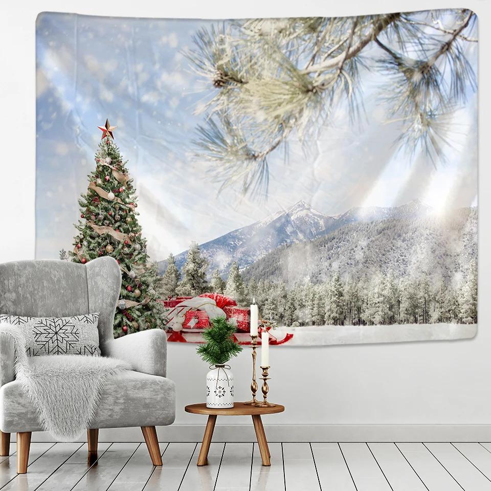 New Year Christmas Decoration Snow House Nature Cat Tapestry Kawaii Decor Wall Hanging Psychedelic Hippie Aesthetic Home Decor