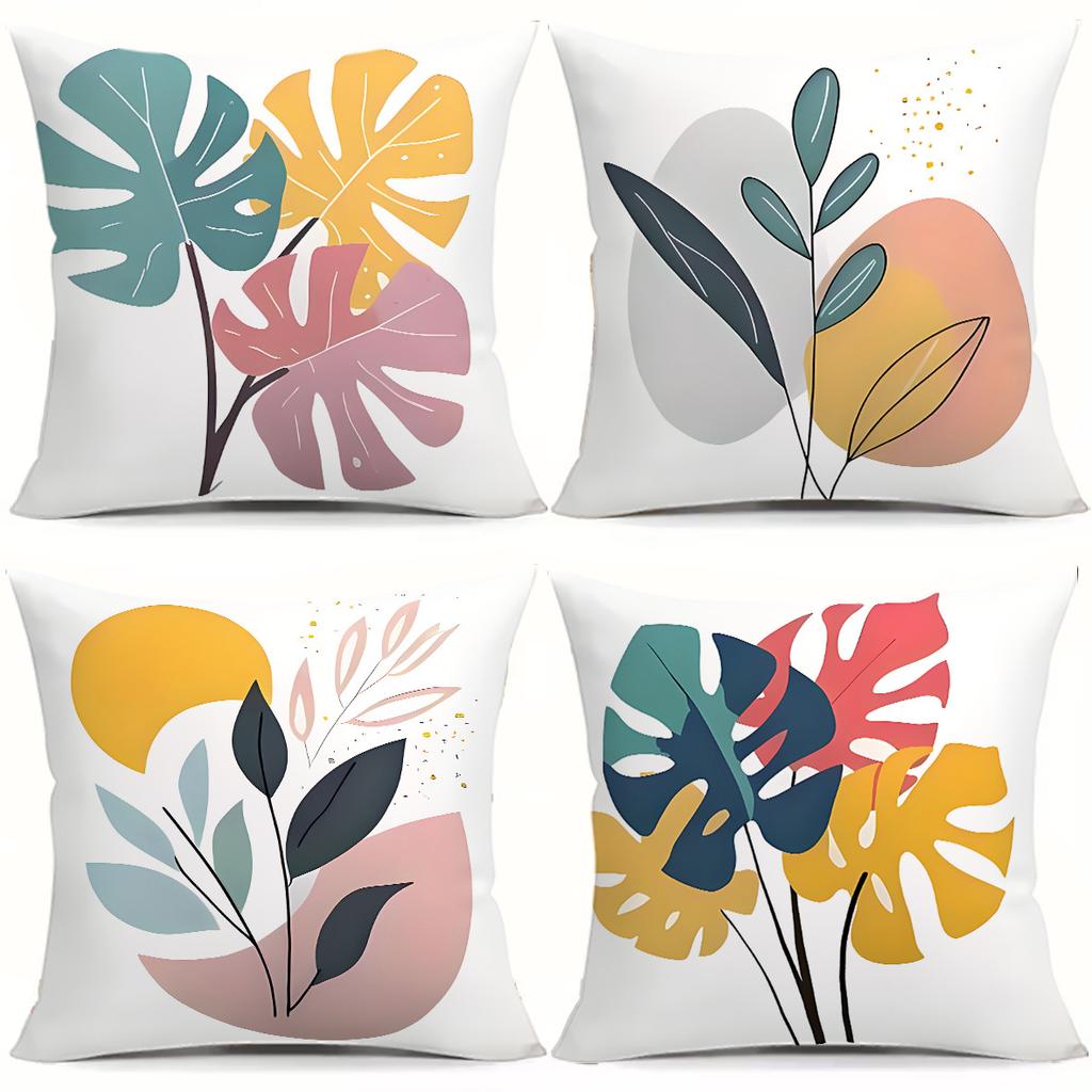 4Pcs Macaron-Colored Plants Digital Printing Pillow Cover Short Plush Suitable Living Rooms Bedrooms Sofas Throw Cushion Cover