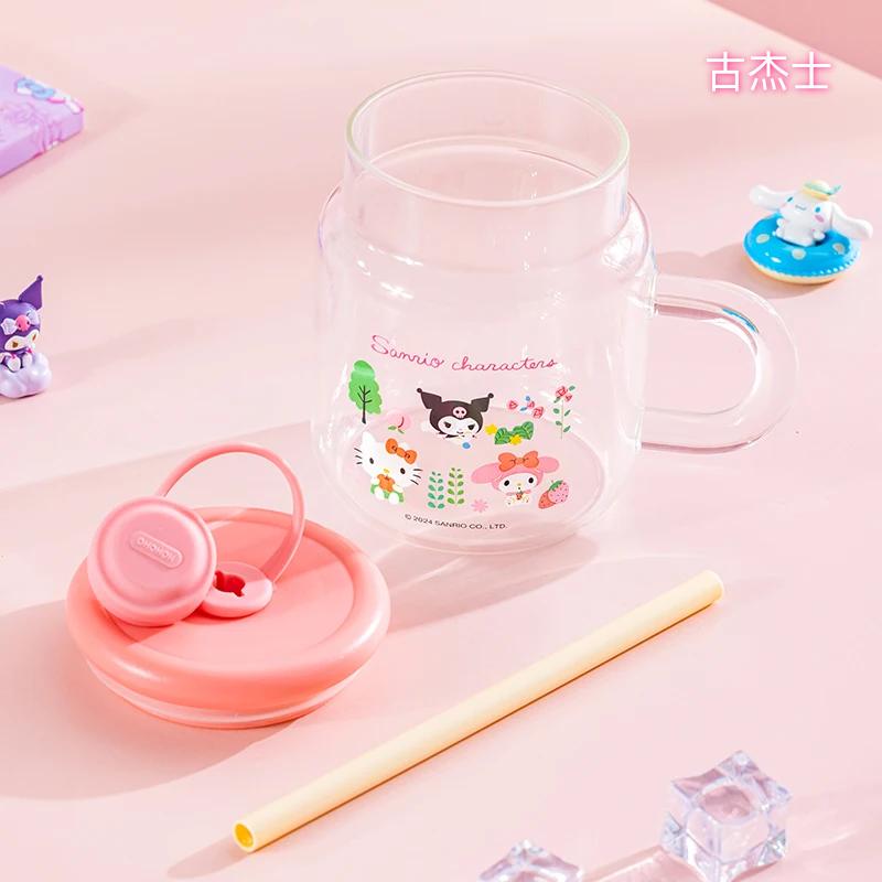 For Sanrio High Borosilicate Glass Straw Glass Cup Heat-resistant Water Mug with Handle Cartoon Pattern Cold&Hot Drink Juice Cup