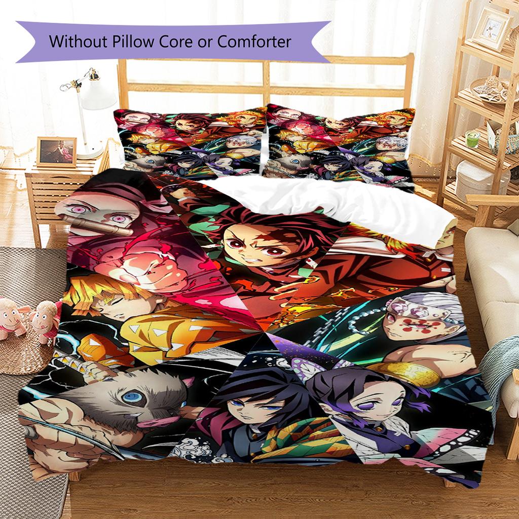 Demon Slayer Pattern Bedding Quilt Set Quilt Cover Pillowcase Home Decoration Gift (1 * Duvet Cover + 2 * Pillowcase, Without Core)