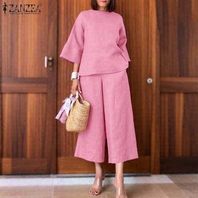 Women 3/4 Sleeve Blouse and Cropped Pants Summer Two Piece Suit Sets