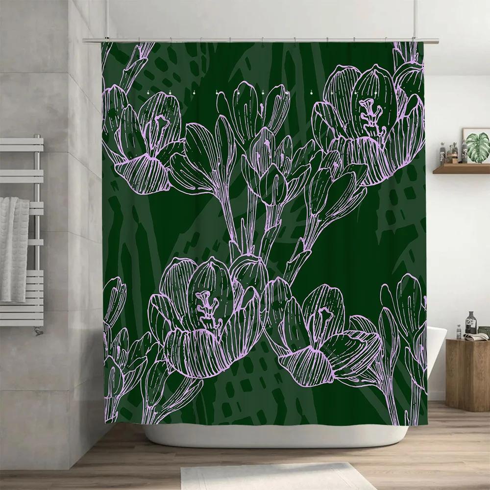 Grüner Blumiger Duschvorhang Weißes Design Moderne Badezimmerdekoration Polyester Wasserdichtes Gewebe