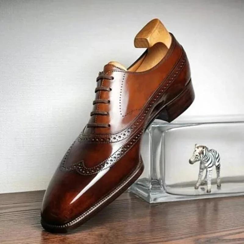 Туфли-броги коричневые деловые мужские туфли из искусственной кожи на шнуровке дышащие — фото 5