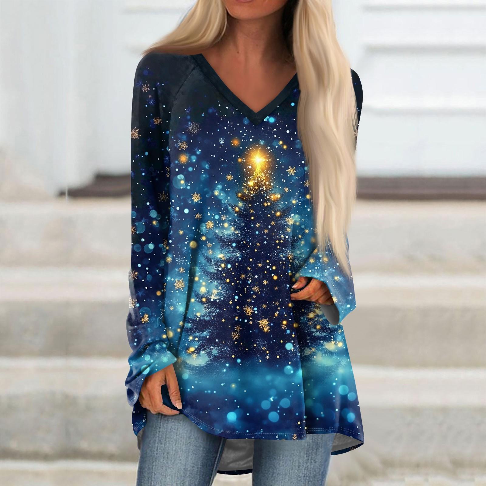 

Женская модная повседневная футболка с принтом, длинный рукав, V-образный вырез, топ средней длины L синий