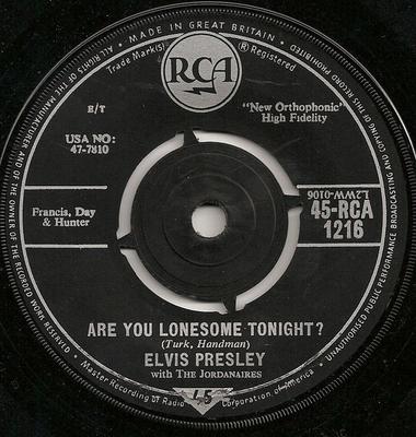 7inch Record ELVIS PRESLEY, JORDANAIRES - Are You Lonesome Tonight? 45RCA1216 RCA Victor 1960 UK Rock Used