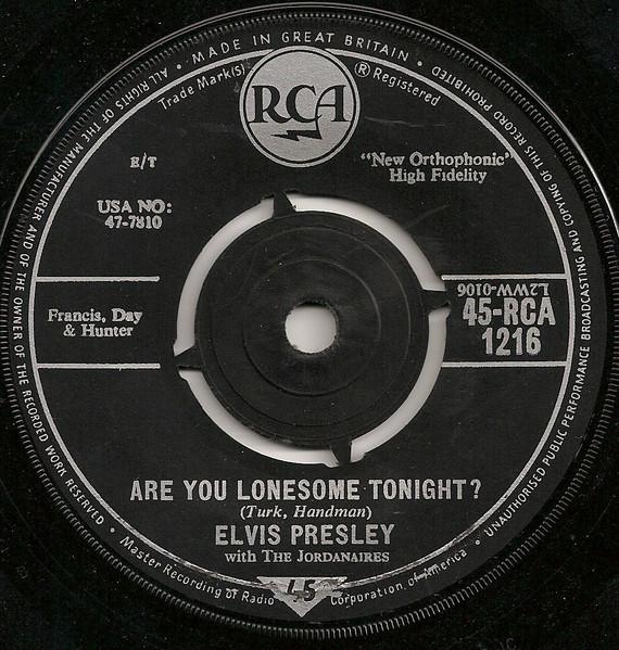 

7inch Record ELVIS PRESLEY, JORDANAIRES - Are You Lonesome Tonight 45RCA1216 RCA Victor 1960 UK Rock Used