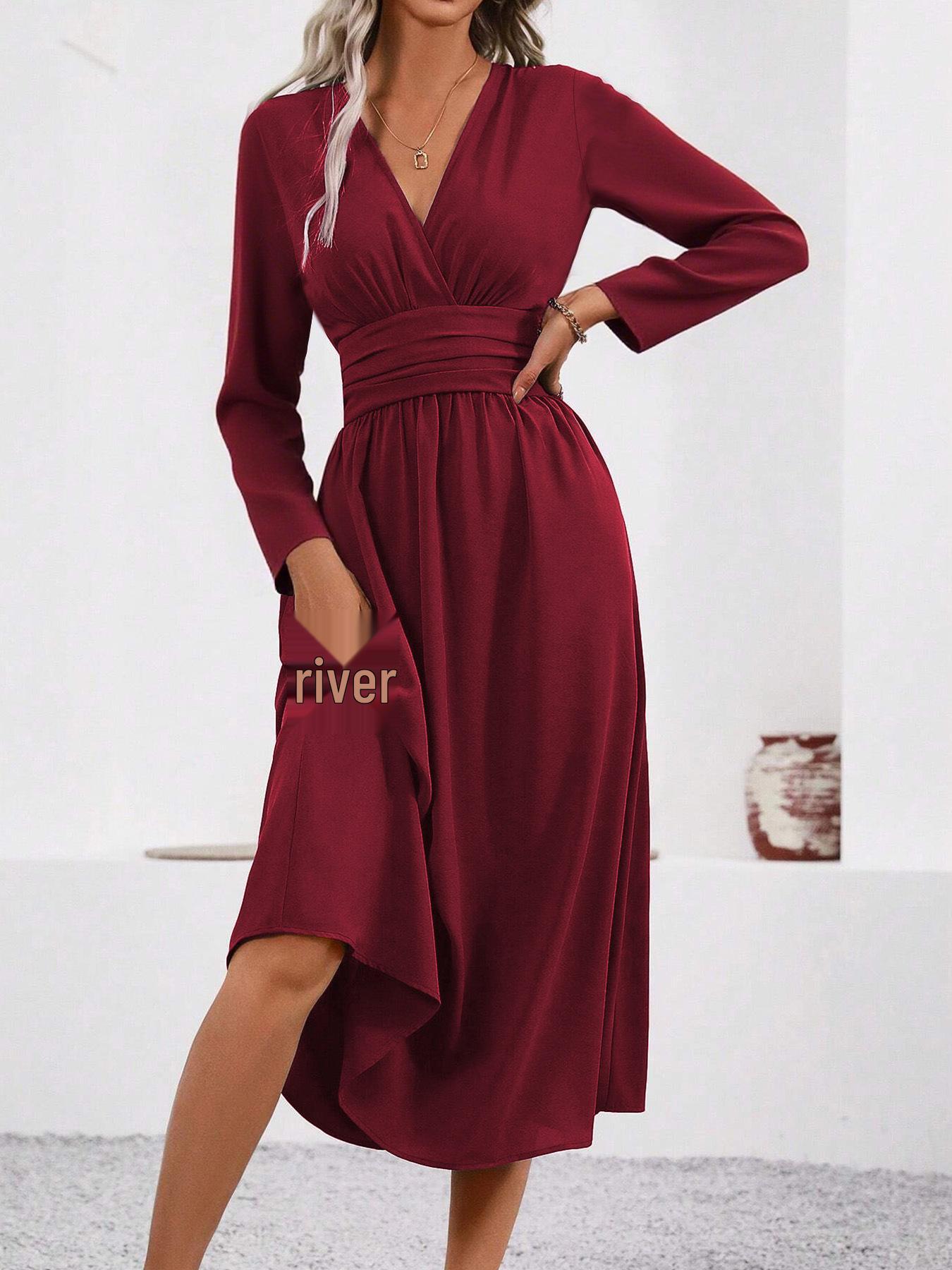 

Elegant Women s V-Neck Long Sleeve Ruched Waist Dress for Autumn/Winter L вина червоного кольору