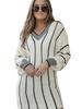 Autumn 2025 V-neck Knit Pullover: European-American Style, Hip-Length Striped Sweater for Women