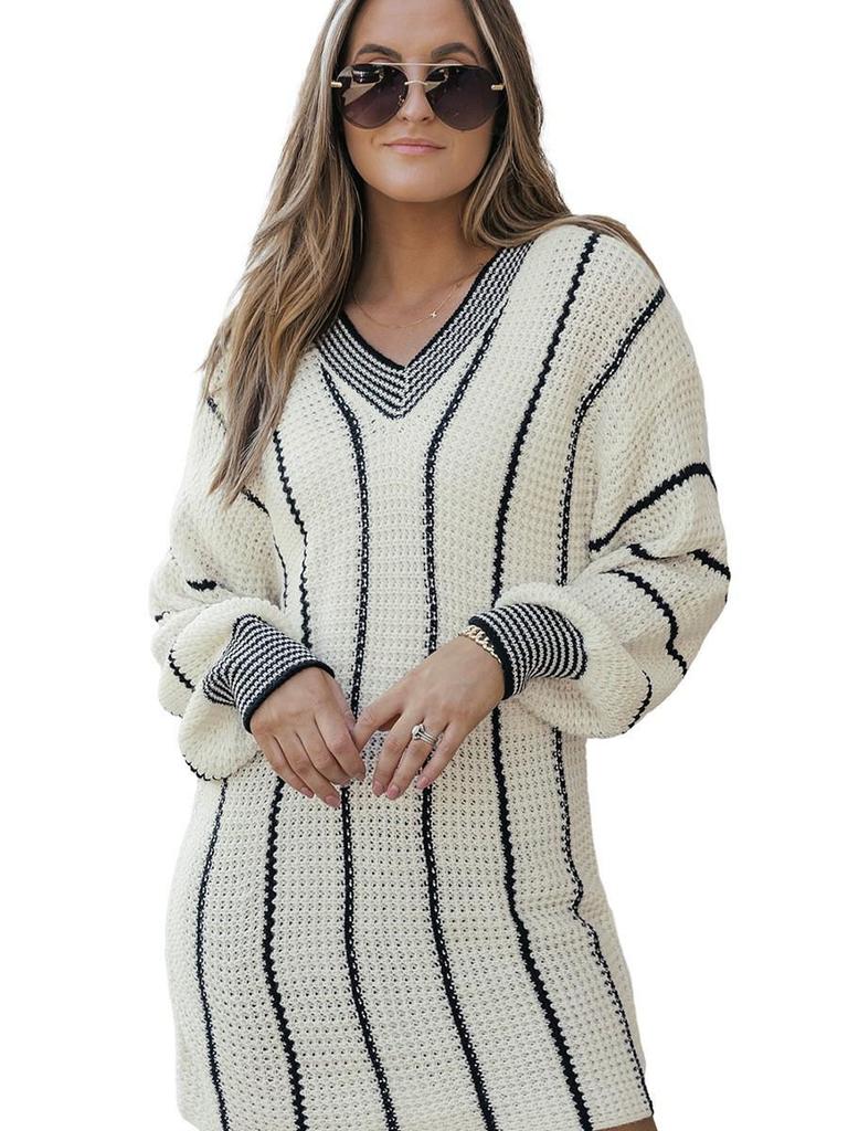 Autumn 2025 V-neck Knit Pullover: European-American Style, Hip-Length Striped Sweater for Women