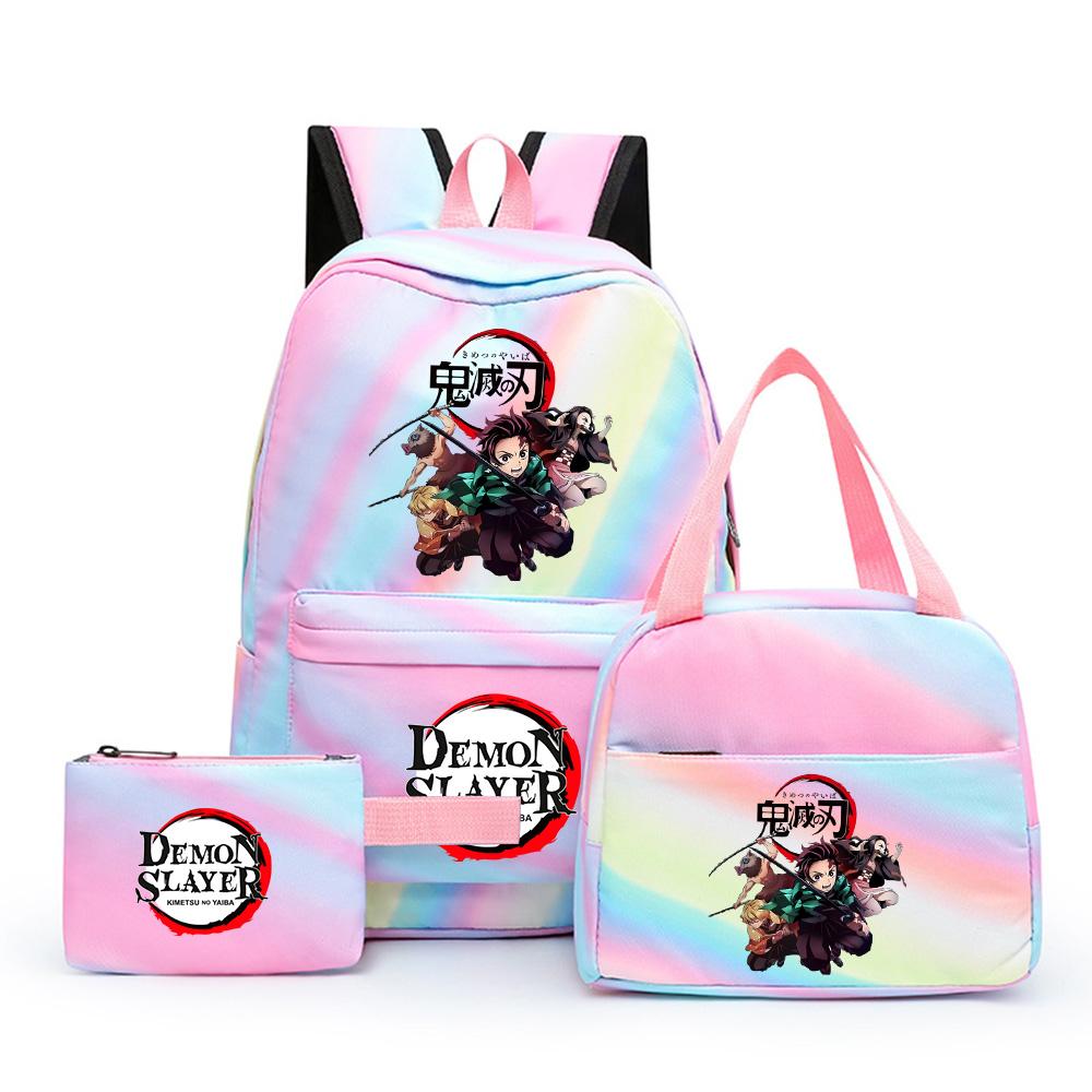 3Pcs/set Cartoon Demon Slayer Printed Backpack with Lunch Bag Pencil Case for Teenager Girl Boy Large Capacity Waterproof Bookbag Gift Mochila