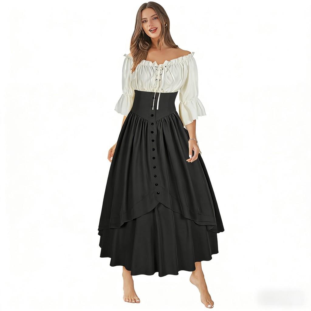 Renaissance Costume Dress With Asymmetric Hem And Puffed Sleeves For Artistic Cosplay And Vintage Events