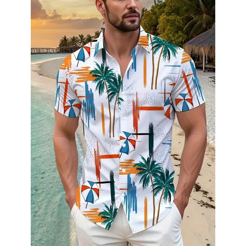 Summer Love Coconut Tree Printed Short Sleeve Shirt Loose Cuban Collar Casual Vacation Men s Flower Shirt S