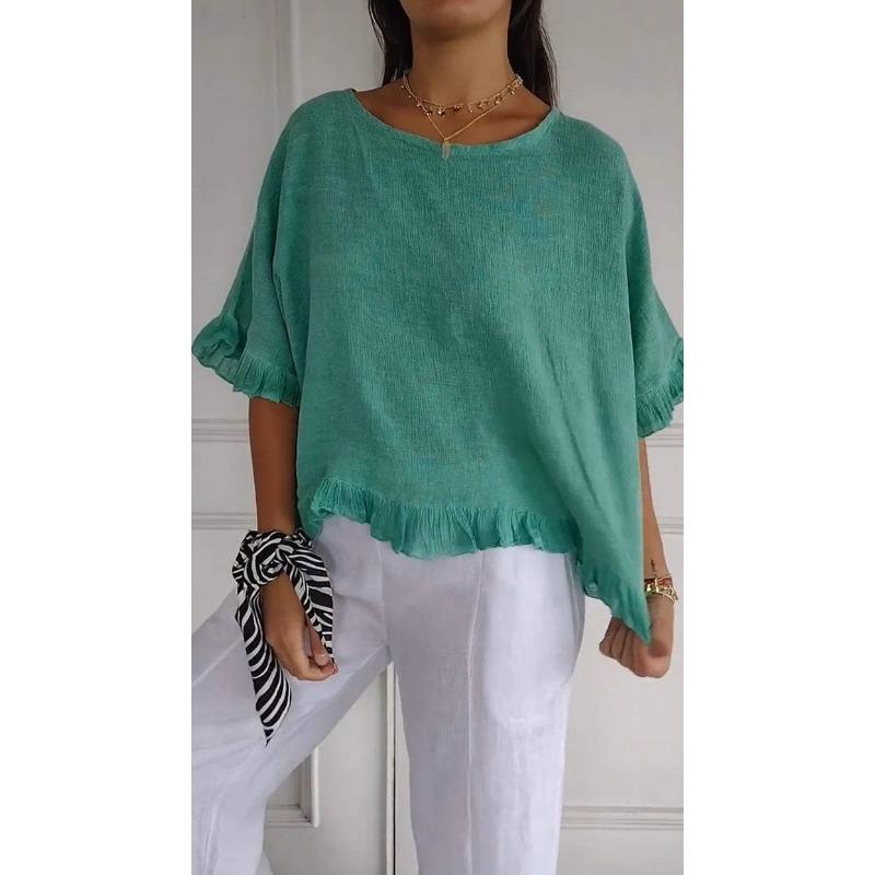 Blusa in Lino da Donna a Manica Pipistrello con Scollo Tondo, Orlo Arricciato, Colore Unito, Taglie Forti