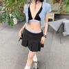 2025 Summer Preppy Black Pleated Mini Skirt with Elastic Waist, Two-Piece Look for Petite Figures