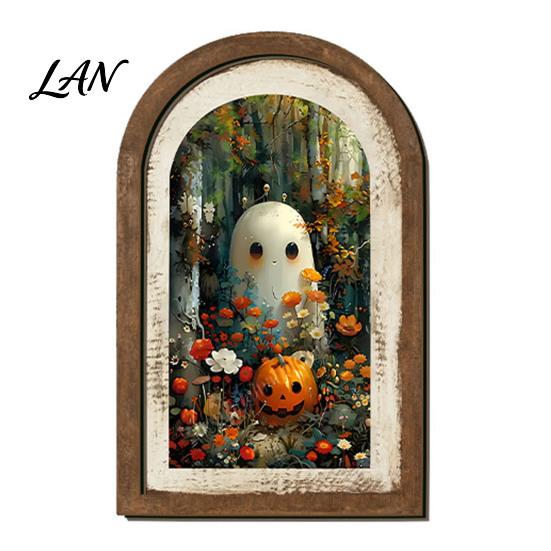 Decorative Shelf Ghost Art Halloween Wall Decor, Cute Table Sign, Vintage Arch Framed Tabletop Decoration Picture, for Mantel Living Room Bedroom