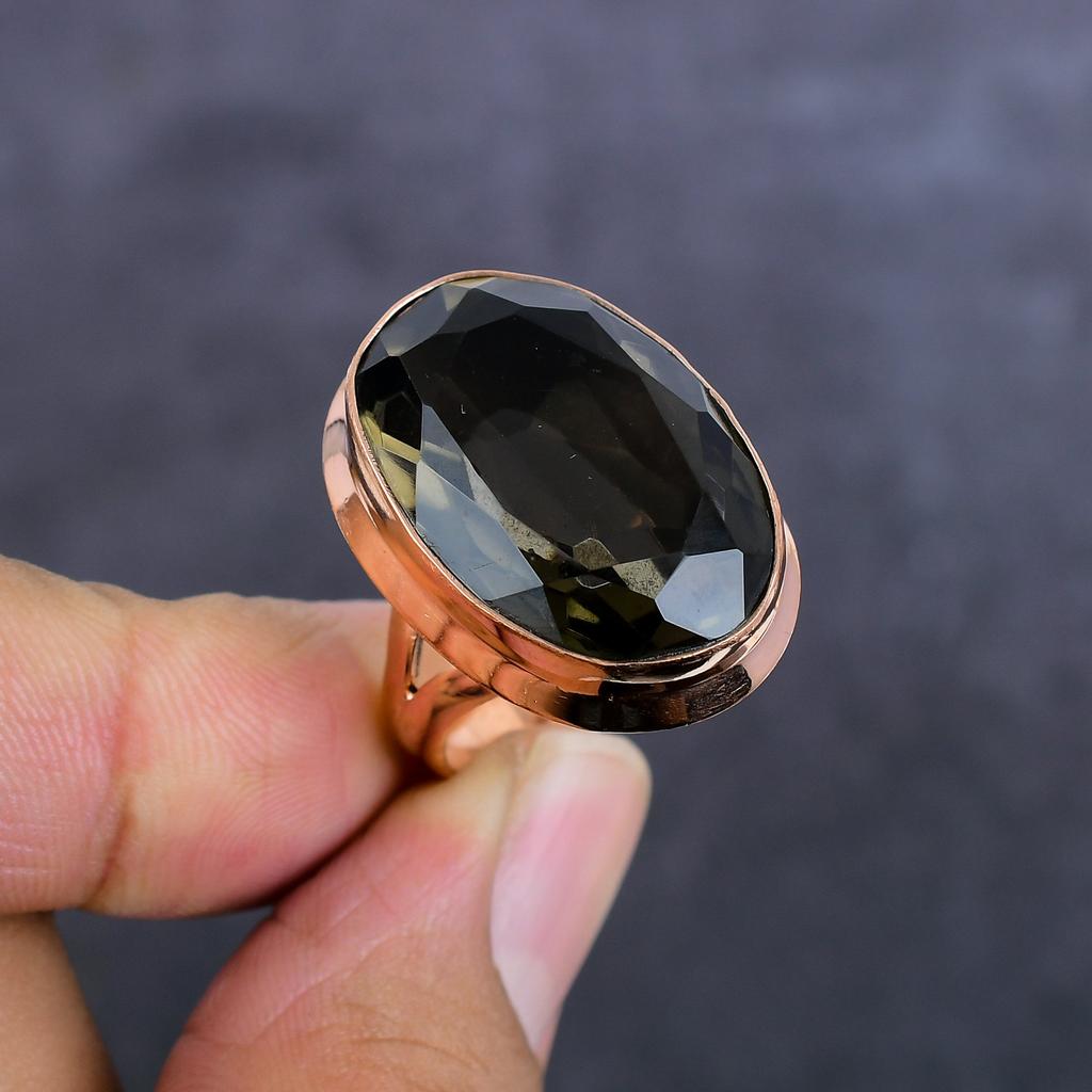 Drahokam kouřový topaz Ručně vyráběný měděný šperk Prsten Velikost 8