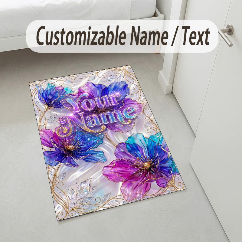 Floral Garden Theme Crystal Velvet Rug Personalized Custom Name Text Soft Floor Mat Home Decor
