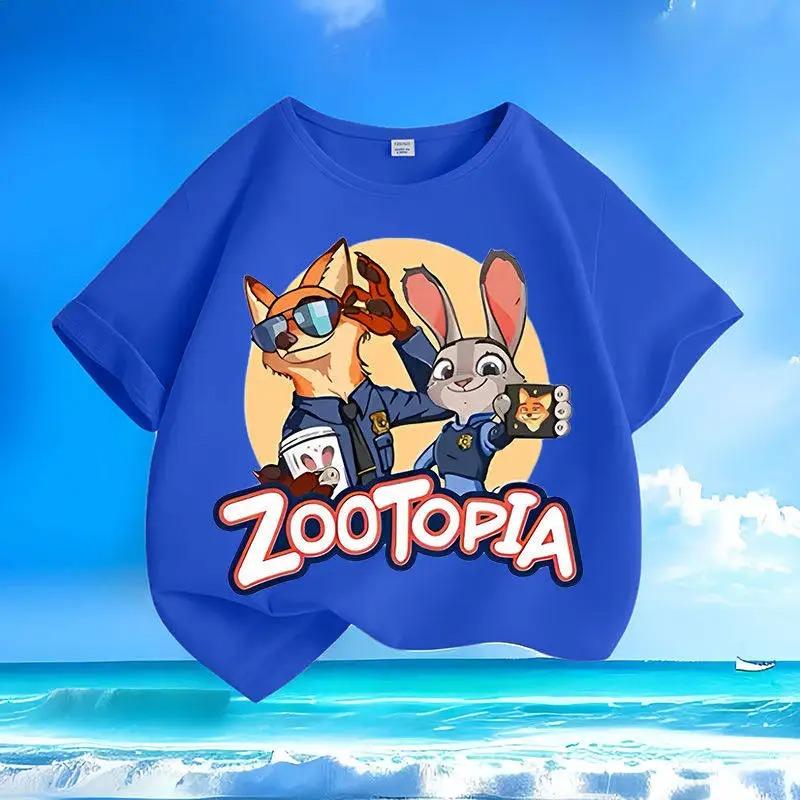 Pure Polyester Kids Short Sleeve Tee 2026 New, Zootopia Judy Nicky Cartoon Print Round Neck Casual Tops For Small Medium Children