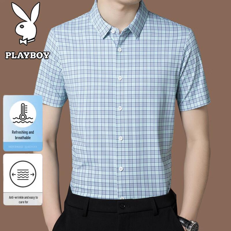 PLAYBOY Men s Summer Business Casual Non-Iron Ice Silk Plaid Short Sleeve Shirt L