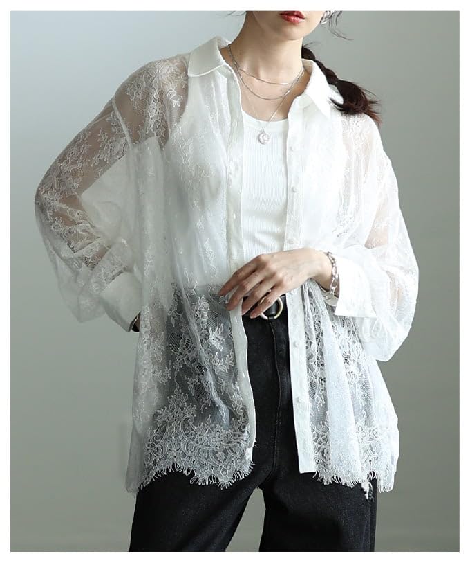 la Layering Fun Lace Scalloped Shirt Top Blouse Cardigan Lace Long Sleeve Layering Sheer Casual Spring Summer Spring Clothes Summer Clothes Free Size