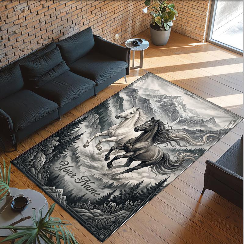 Horse Theme Crystal Velvet Floor Rug Personalized Custom Name Text Warm Carpet Home Decoration