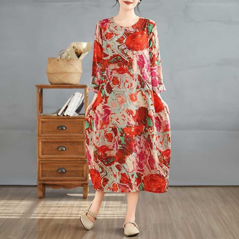 2025 Retro Printed Round Neck Long Sleeve Patchwork Dress Women