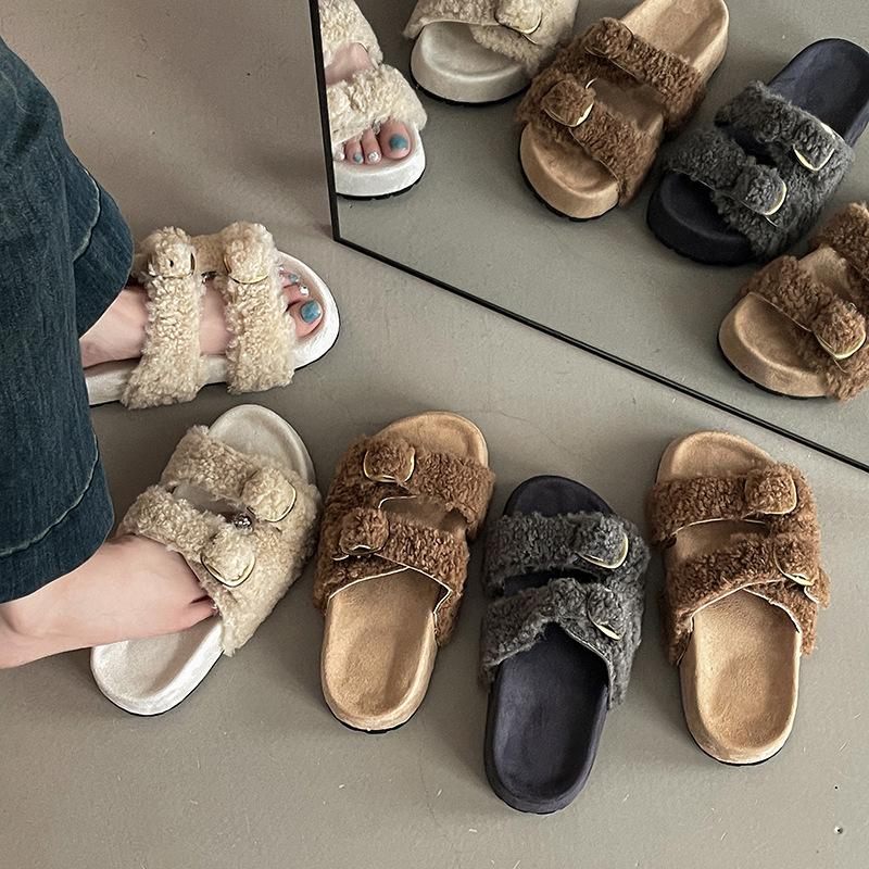 Piaohong versatile retro style buckle one-word fluffy slippers women's 2025 autumn and winter new outer wear home open-toed cotton shoes