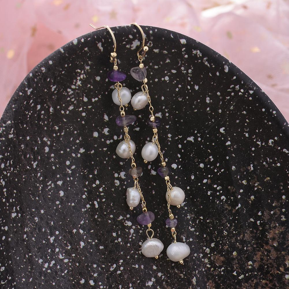 Original Handmade 14K Gold Filled Natural Freshwater Pearl Amethyst Flower Lady Tassel Drop Earrings  Female Gift