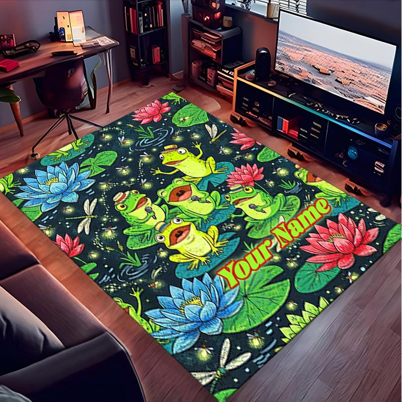 1PC Custom Name Frogs Fireflies Lotus Pond Theme Floor Mat Ideal for Living Room, Game Rooms, Office, Bedroom,Floor Mat Playful Design