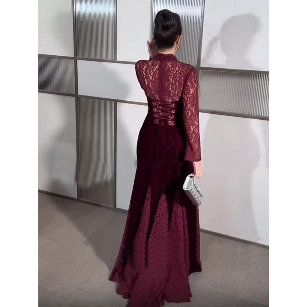 Abito da Sera Vintage Elegante da Donna Autunno Inverno in Velluto a Manica Lunga con Patchwork di Pizzo Girocollo