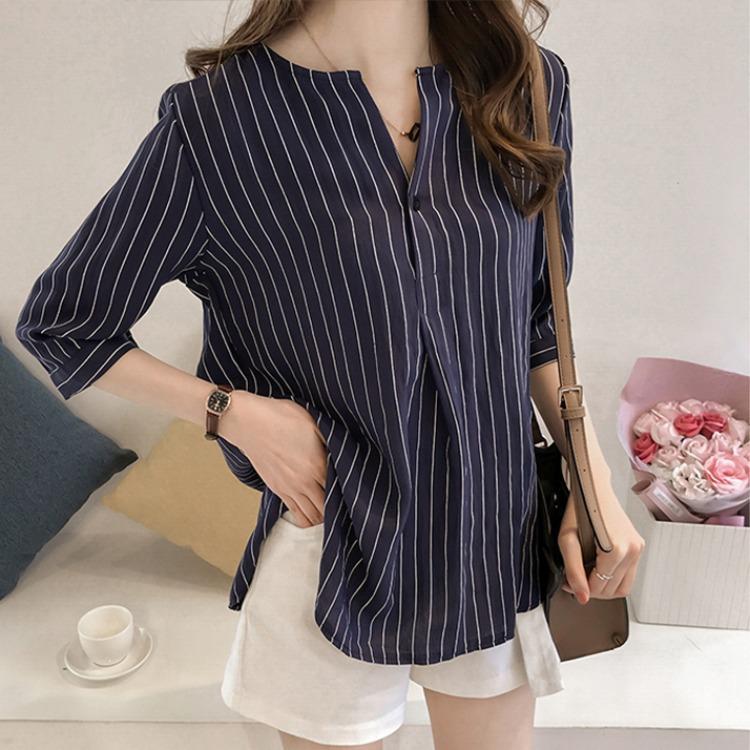 1116 summer new Korean version fashion large size round neck striped shirt women's seven-quarter sleeve top loose casual shirt