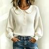 Women's Fashion Long Sleeve Knit Top with Round Neck, Button Front and Ruffle Trim