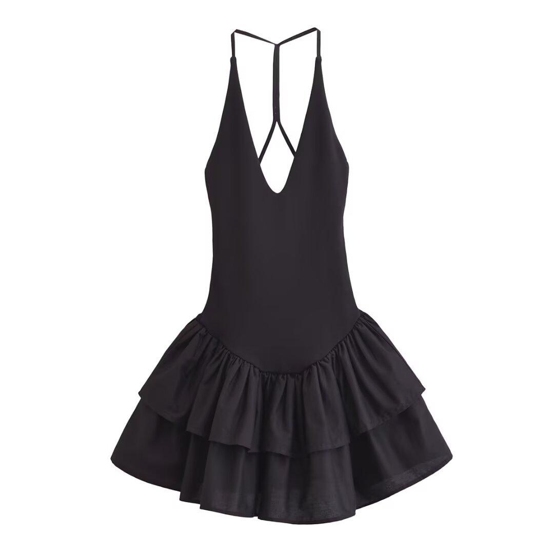 

Женское приталенное платье-майка с глубоким V-образным вырезом, открытой спиной и многоярусным подолом, весна/лето 2025 Medium чёрный