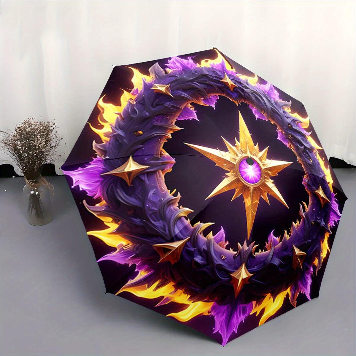 

Automatic Open/Close Umbrella with One-Touch Button - Elegant Golden Star & Flaming Purple/Golden Wreath Design, Compact Foldi Iron&8K
