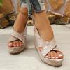 Fashion Nude Rose Print Chunky Platform Wedge Super High Heel Sandals Women Summer Cross Strap Back Strap Sandals Fashion Beach Shoes